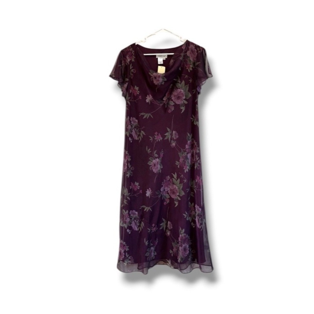 Coldwater Creek Women's Size 16P Dress Purple Floral Chiffon Flutter Sleeve NWT